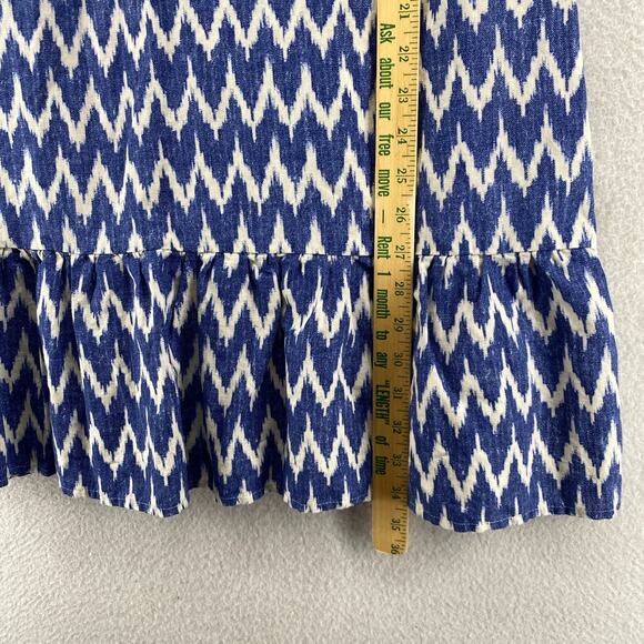 J.CREW Dress XS Linen Cotton Ikat Chevron Bowback Sleeveless Ruffle Hem Blue - Picture 11 of 12